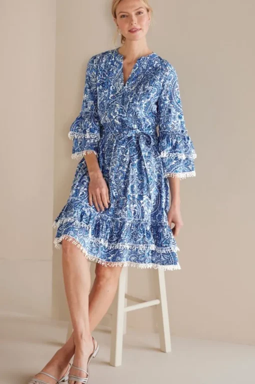 New Soft Surroundings Adeline Short Dress SpringPaisleyChambray