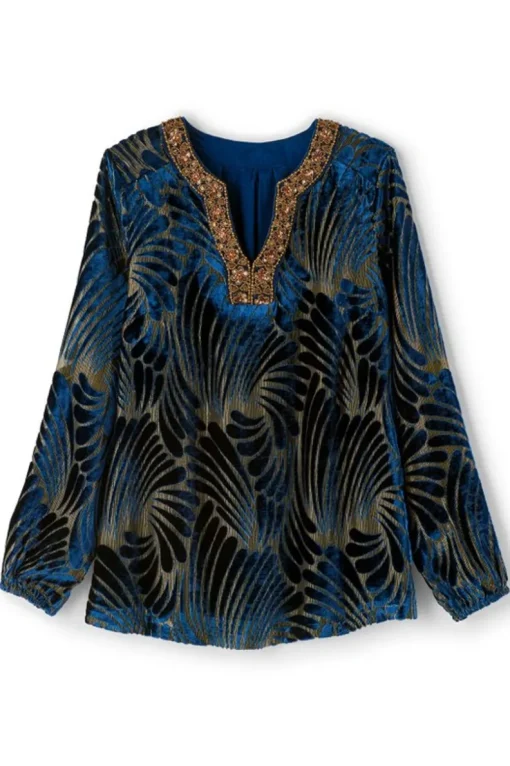 Clearance Soft Surroundings Adrienne Embroidered Velvet Tunic BlueSwirlVelvetBurnout