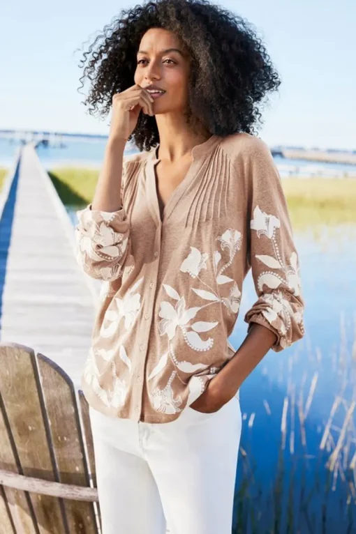 Sale Soft Surroundings Alva Embroidered Knit Top Beige