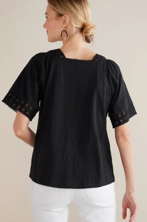New Soft Surroundings Brianna Crochet Knit Tee Black