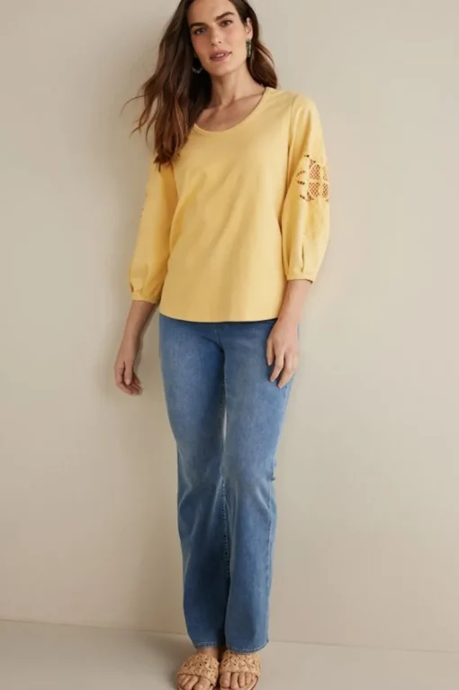Hot Soft Surroundings Charmaine Embroidered French Terry Top BuffYellow