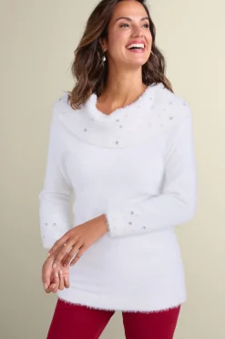 Hot Soft Surroundings Christina Embellished Cowl Neck Sweater Tunic IvoryPearl