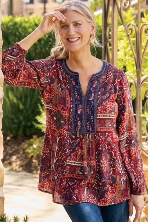 Online Soft Surroundings Cindra Embroidered Gauze Tunic RivieraPatchworkBurgund