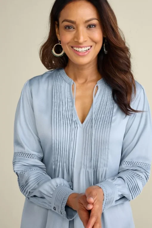Best Soft Surroundings Connie Lace Trim Crepe Top BlueFog