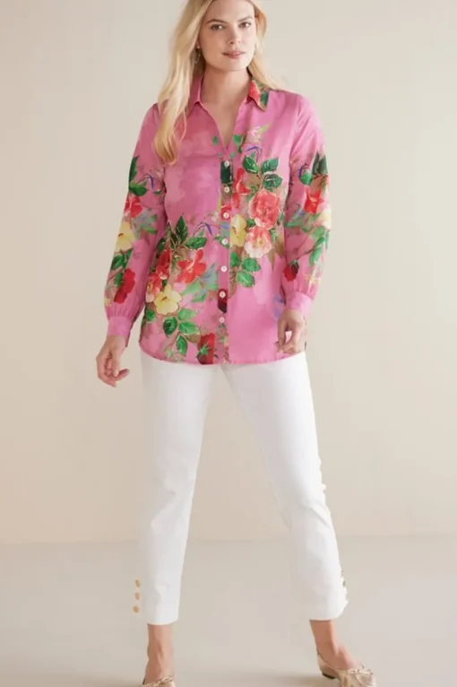 Clearance Soft Surroundings Danica Embellished Shirt Red/PinkFloral