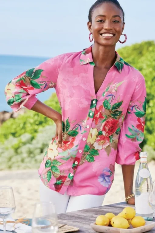 Clearance Soft Surroundings Danica Embellished Shirt Red/PinkFloral