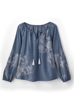 Outlet Soft Surroundings Diya Embroidered Tencel™ Peasant Top MediumWash