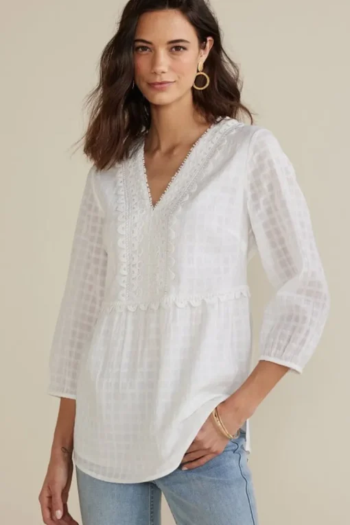 Online Soft Surroundings Elodie Windowpane Gauze Top Navy