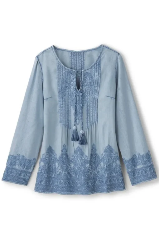 Sale Soft Surroundings Emily Embroidered Tencel™ Top LightChambray