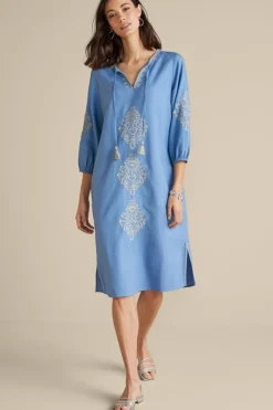 New Soft Surroundings Hasana Linen Blend Midi Dress RiversideBlue