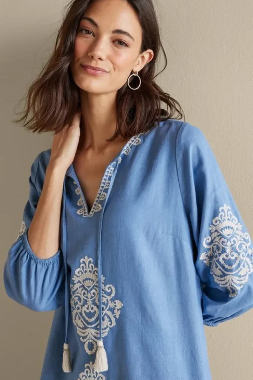 New Soft Surroundings Hasana Linen Blend Midi Dress RiversideBlue