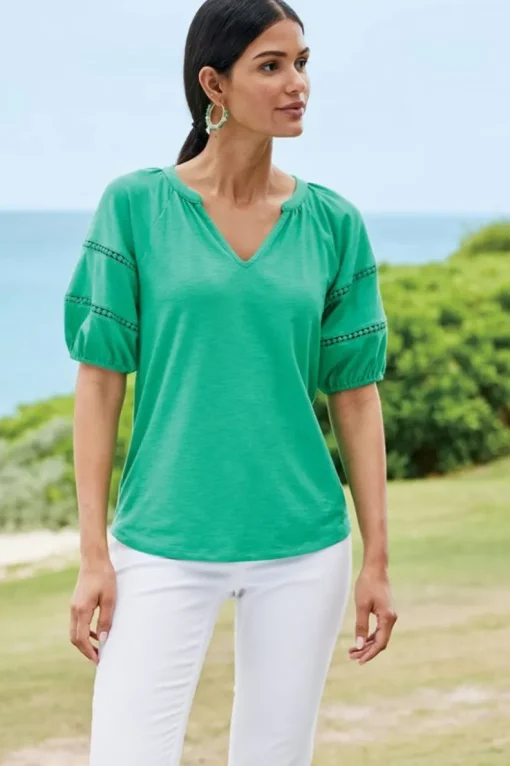 Clearance Soft Surroundings Heidi Supima Puff Sleeve Tee HollyGreen