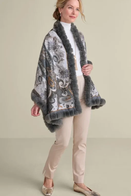 Best Soft Surroundings Katya Faux Fur Trim Wrap Scarf Gray