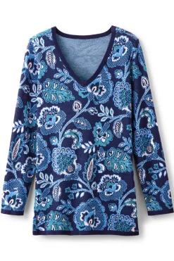 New Soft Surroundings Leonor Jacquard Tunic Sweater FallGardenBlue
