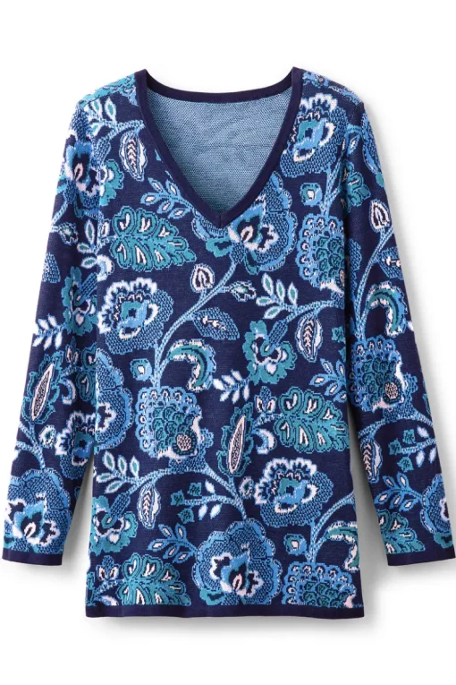 New Soft Surroundings Leonor Jacquard Tunic Sweater FallGardenBlue