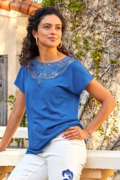 Best Soft Surroundings Luella Linen Blend Lace Tee Sapphire