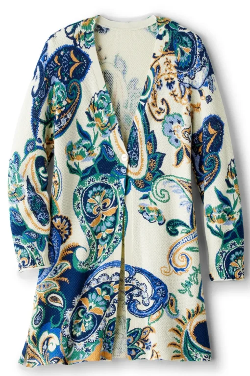 New Soft Surroundings Marin Cardigan AutumnPaisleyScarfBlue