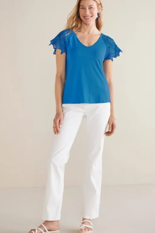 Discount Soft Surroundings Nikita Lace Sleeve Tee FrenchBlue