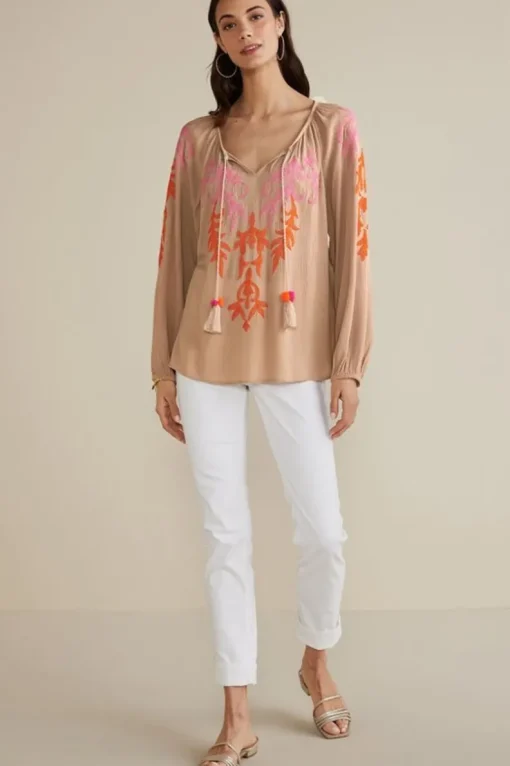 Sale Soft Surroundings Noura Embroidered Gauze Pullover Sesame