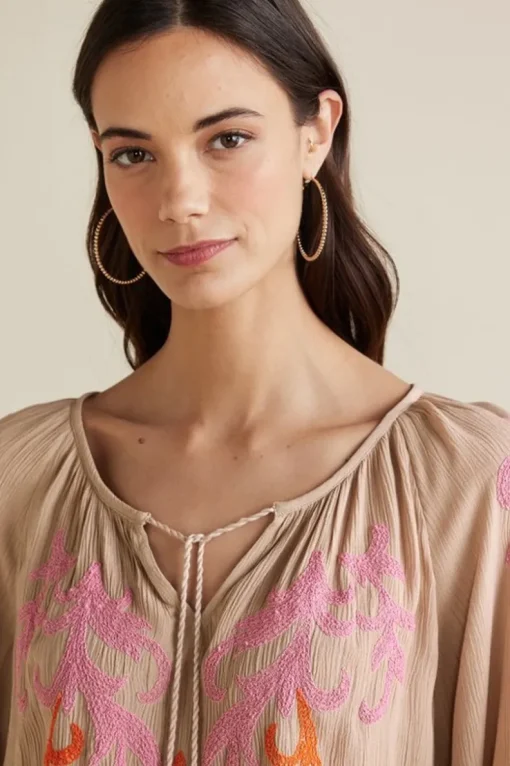 Sale Soft Surroundings Noura Embroidered Gauze Pullover Sesame