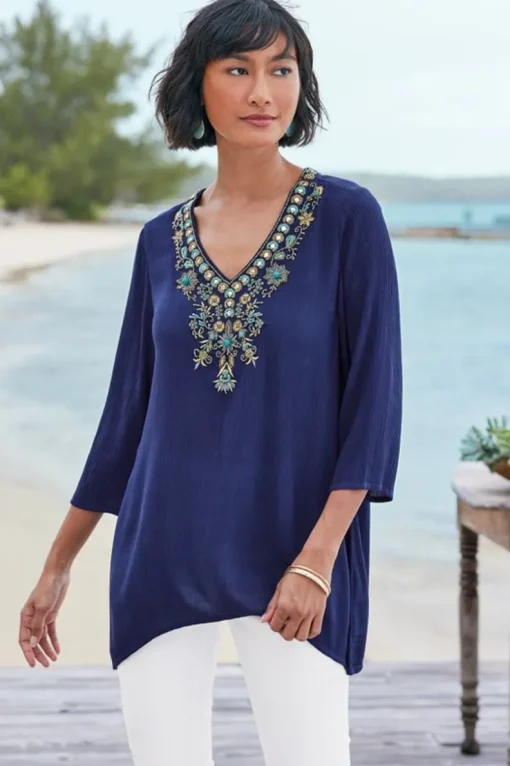 Online Soft Surroundings Paulina Gauze Pullover Navy