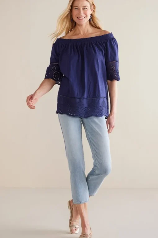 New Soft Surroundings Rahma Eyelet Trimmed Tee Navy