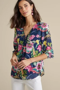 Fashion Soft Surroundings Samantha Georgette Top NavyPaisley