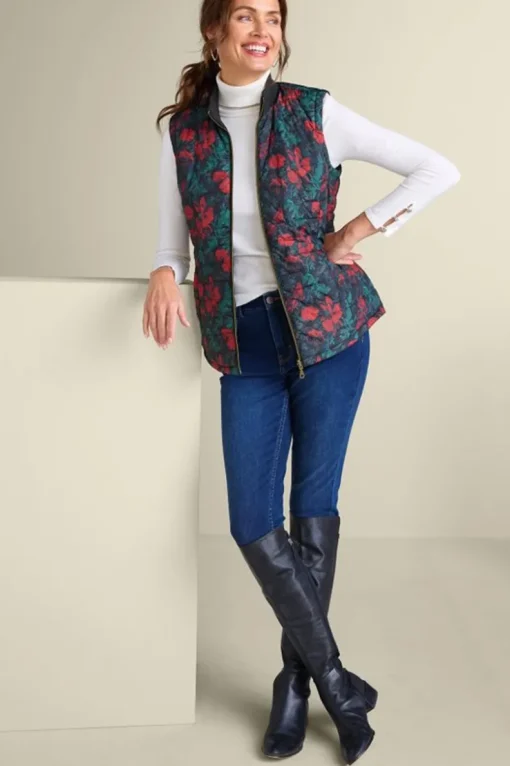 Discount Soft Surroundings Sienna Reversible Puffer Vest WildflowerAntiqueBlack