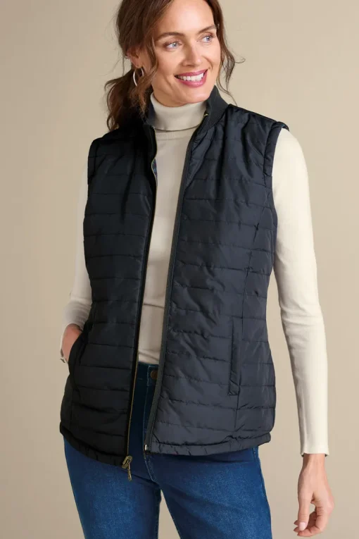 Discount Soft Surroundings Sienna Reversible Puffer Vest WildflowerAntiqueBlack