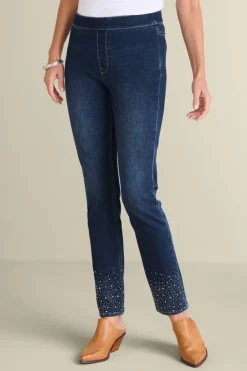 Clearance Soft Surroundings Ultimate Denim Crystal Pull-On Slim Leg Jeans RiverWash