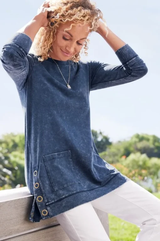 Discount Soft Surroundings Washed Make It Snappy Pullover DenimBlue